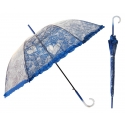 Głęboka przezroczysta parasolka damska z falbanką, koronka Granatowa