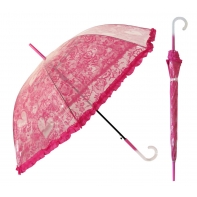 Głęboka przezroczysta parasolka damska z falbanką, koronka RÓŻOWA