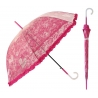 Głęboka przezroczysta parasolka damska z falbanką, koronka RÓŻOWA