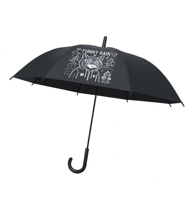 PARASOLKA DŁUGA AUTOMATYCZNA 98 CM, CZARNA, FUNNY RAIN KOT