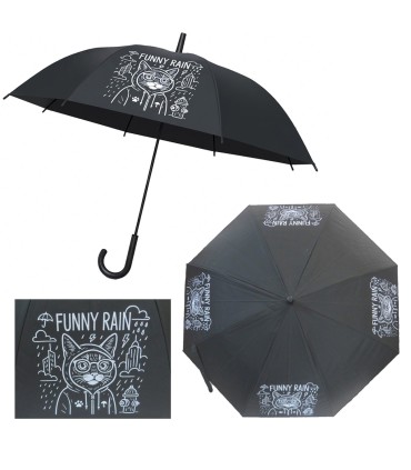 PARASOLKA DŁUGA AUTOMATYCZNA 98 CM, CZARNA, FUNNY RAIN KOT